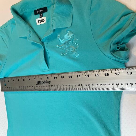Express Women Polo Shirt Size M Teal Blue Short Sleeve Stretch Embroidered Lion - Picture 3 of 7